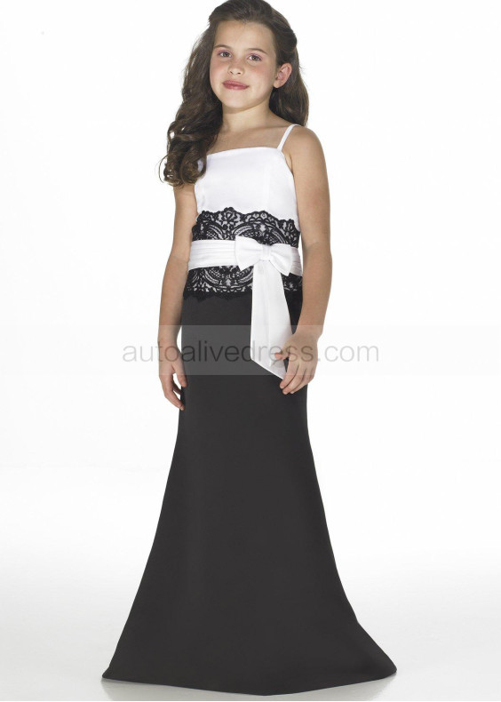Spaghetti Straps White And Black Satin Lace Junior Bridesmaid Dress